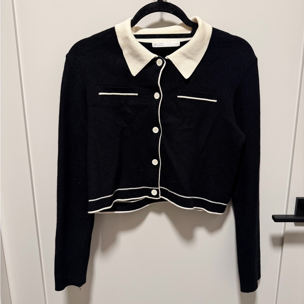 OAK + FORT Black Cardigan with Cream Accents